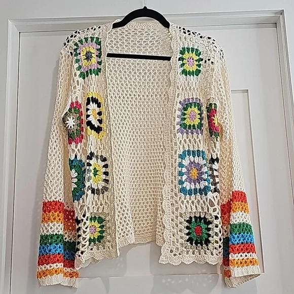 NWOT Boho crochet bell sleeve Granny squares open front sweater. Oversized S - Picture 3 of 10